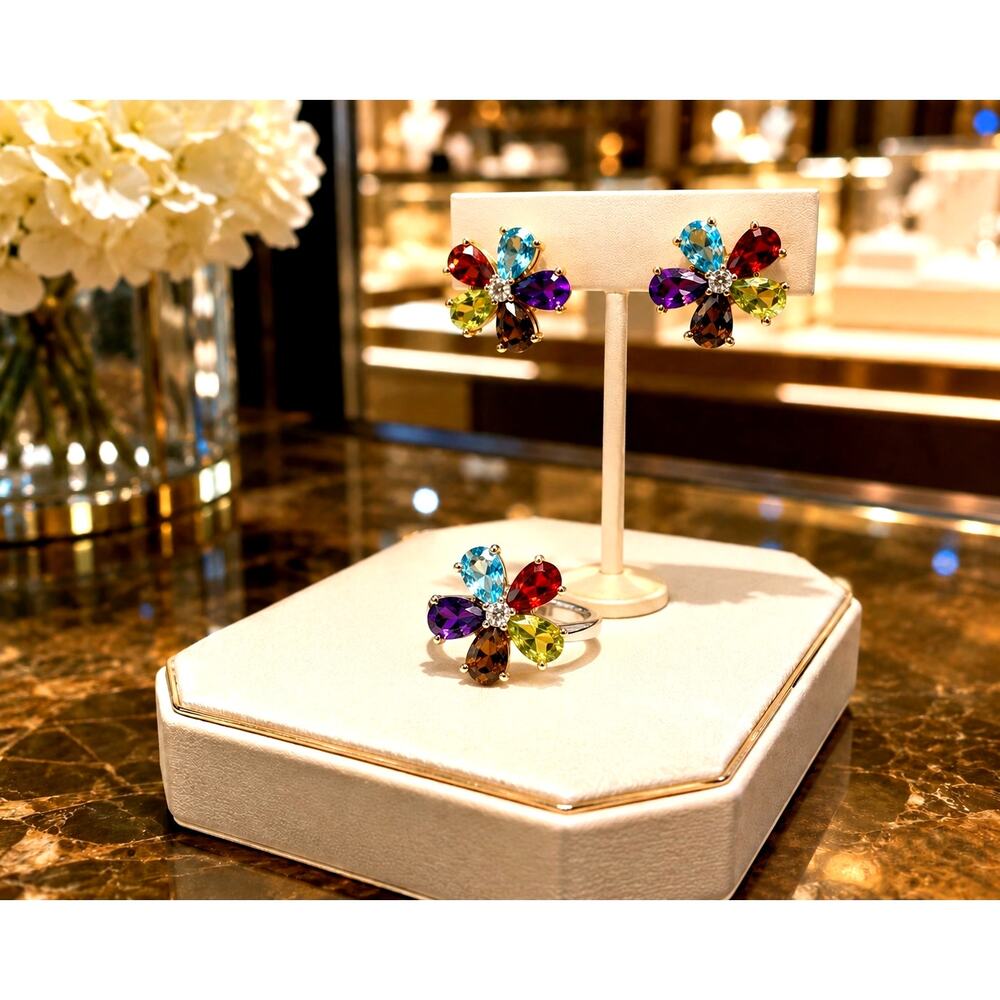 Vintage 925 Sterling Silver Multi Gemstone Flower Ring & Earrings Set – Size 8